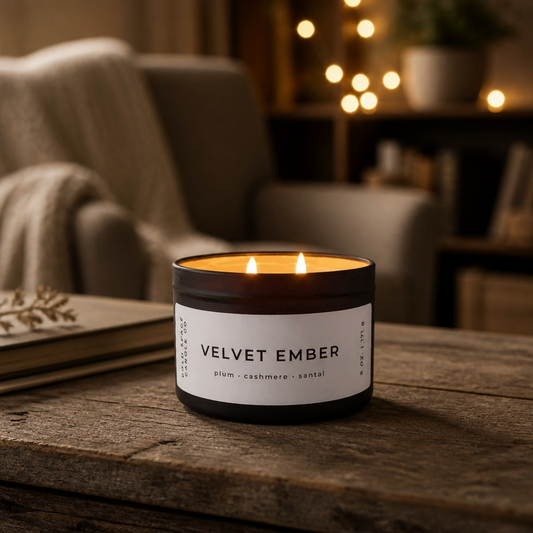 A lit double-wick candle in a dark amber glass jar sits on a rustic wooden table in a cozy living room setting with a blurred armchair and warm string lights in the background. The label reads 'VELVET Ember' with scent notes of plum, cashmere, and saffron.