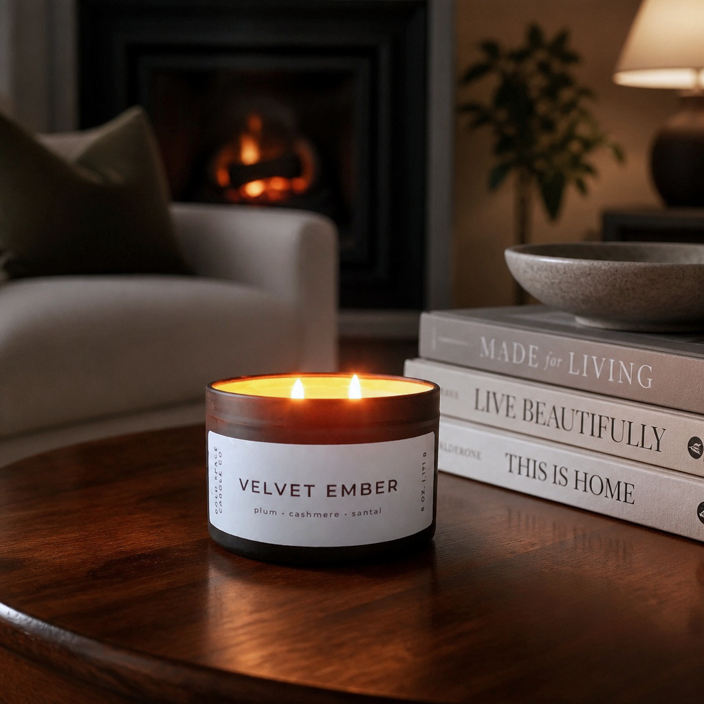 A lit candle in a dark amber glass jar sits on a wooden table in a cozy living room setting, with a stack of books and a blurred fireplace in the background. The label reads 'VELVET EMBER' with smaller text 'pine + cashmere + sage' and 'BUTTE CANDLE CO.