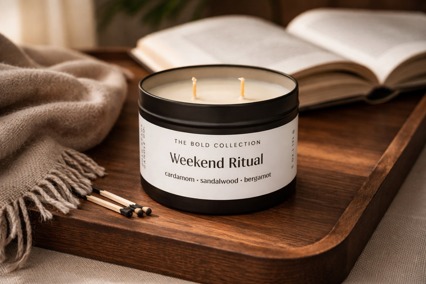 Candle labeled 'Weekend Ritual' from 'The Bold Collection' on a wooden tray with an open book and blanket.