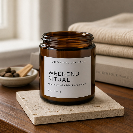 Candle labeled 'Weekend Ritual' by Bold Space Candle Co on a coaster with a neutral background.