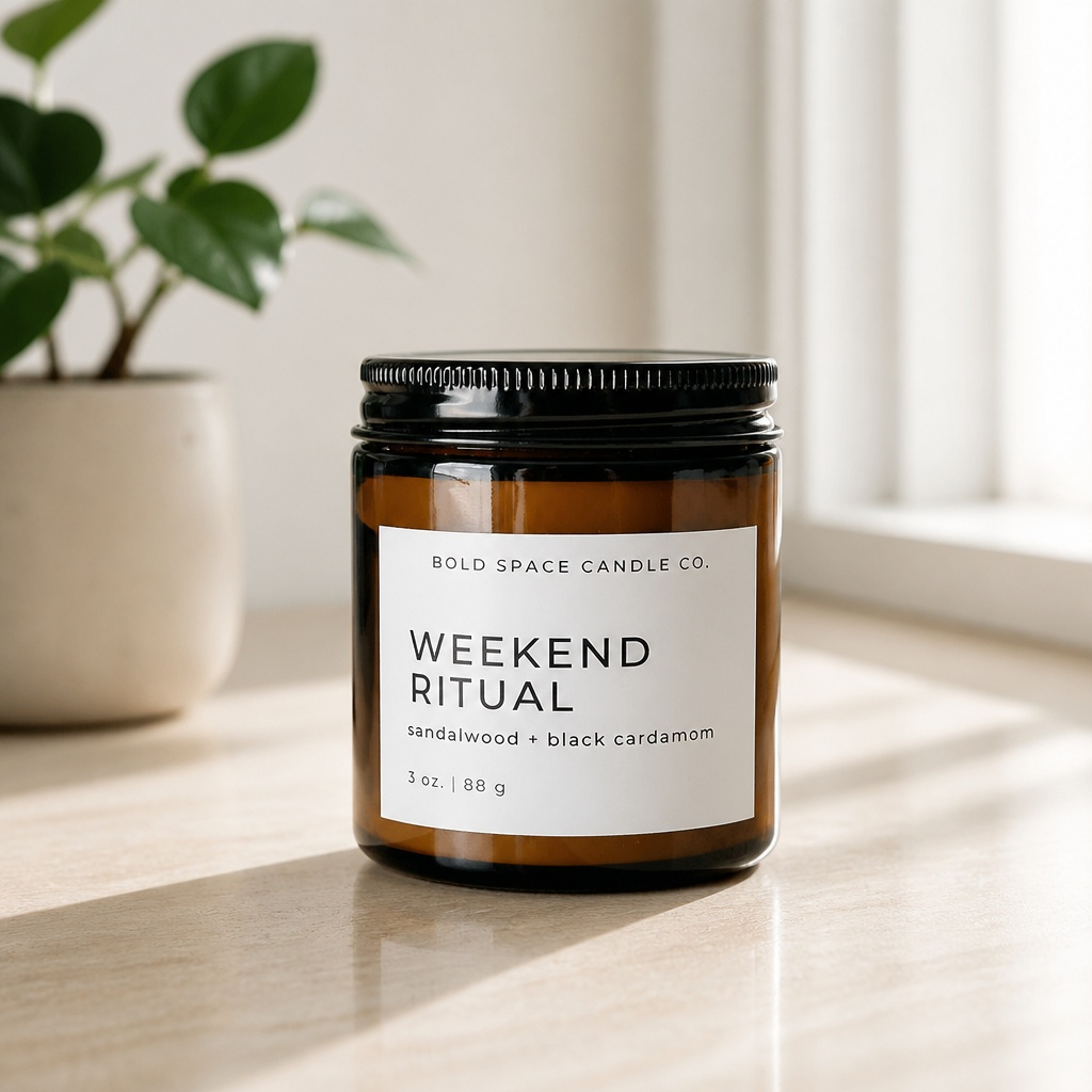 Candle jar labeled 'Weekend Ritual' by Bold Space Candle Co. on a light wooden surface with a plant in the background.