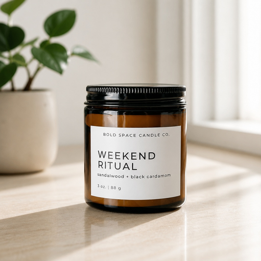 Candle jar labeled 'Weekend Ritual' by Bold Space Candle Co. on a light wooden surface with a plant in the background.