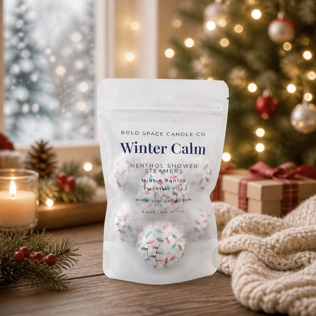 Menthol shower steamer pack for the holidays. Christmas tree lite in background
