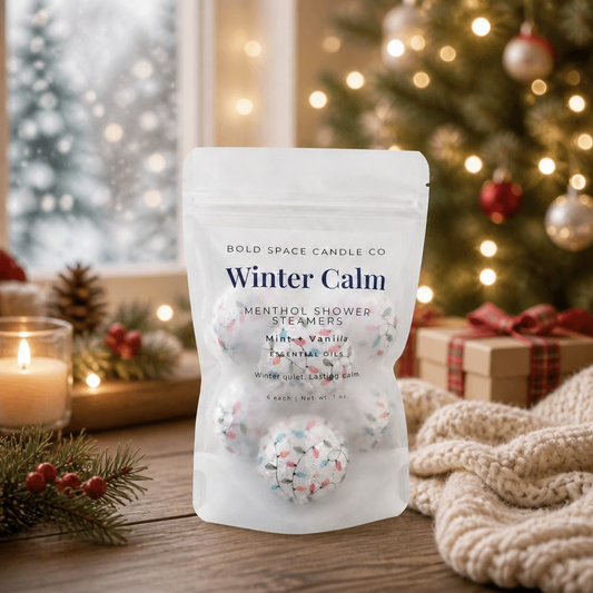 Menthol shower steamer pack for the holidays. Christmas tree lite in background