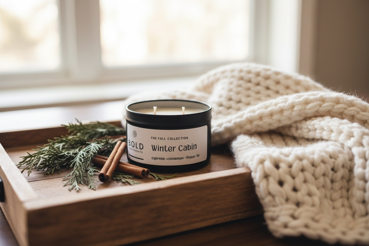 Candle labeled 'Winter Cabin' on a wooden tray with cinnamon sticks and pine branches, next to a blanket.
