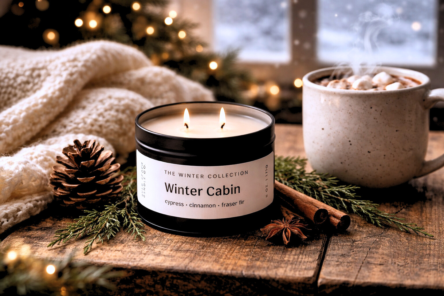 Candle labeled 'Winter Cabin' on a wooden surface with hot chocolate and festive decor.