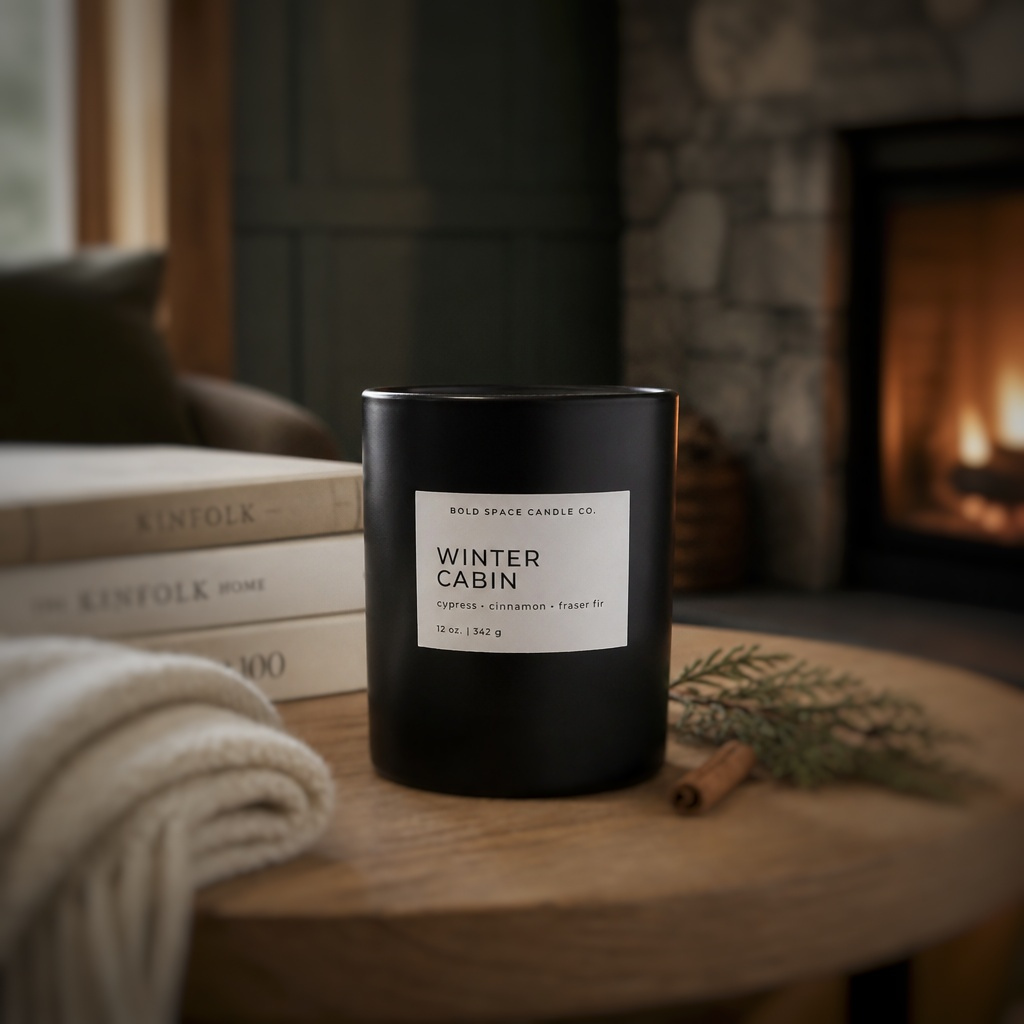 A matte black candle jar labeled 'WINTER CABIN' by Bold Spark Candle Co., styled on a wooden table in a cozy room with a fireplace, books, and a folded blanket.