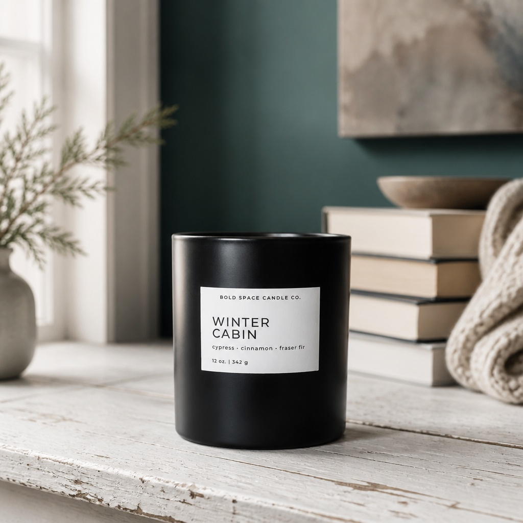 A matte black candle jar with a white label reading 'WINTER CABIN' by Bold Space Candle Co., placed on a rustic white wooden surface with stacked books, a knitted throw, and a vase in a softly lit interior setting.