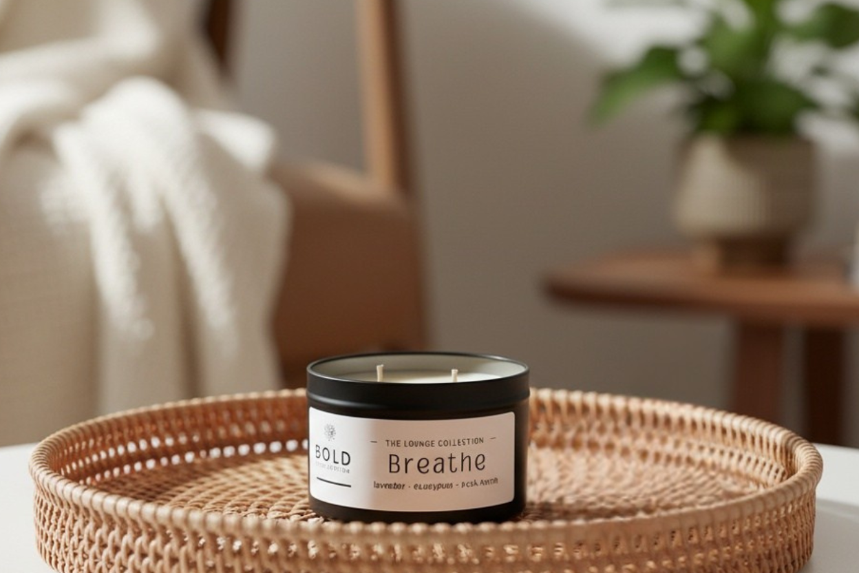 Candle labeled 'Breathe' on a woven tray with a blurred indoor setting