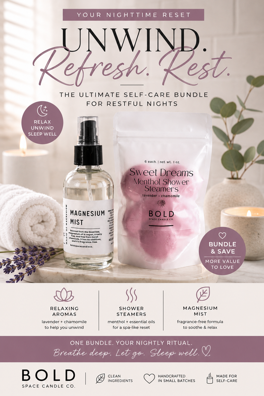  self-care bundle with magnesium mist, shower steamers, and candles on a white surface.