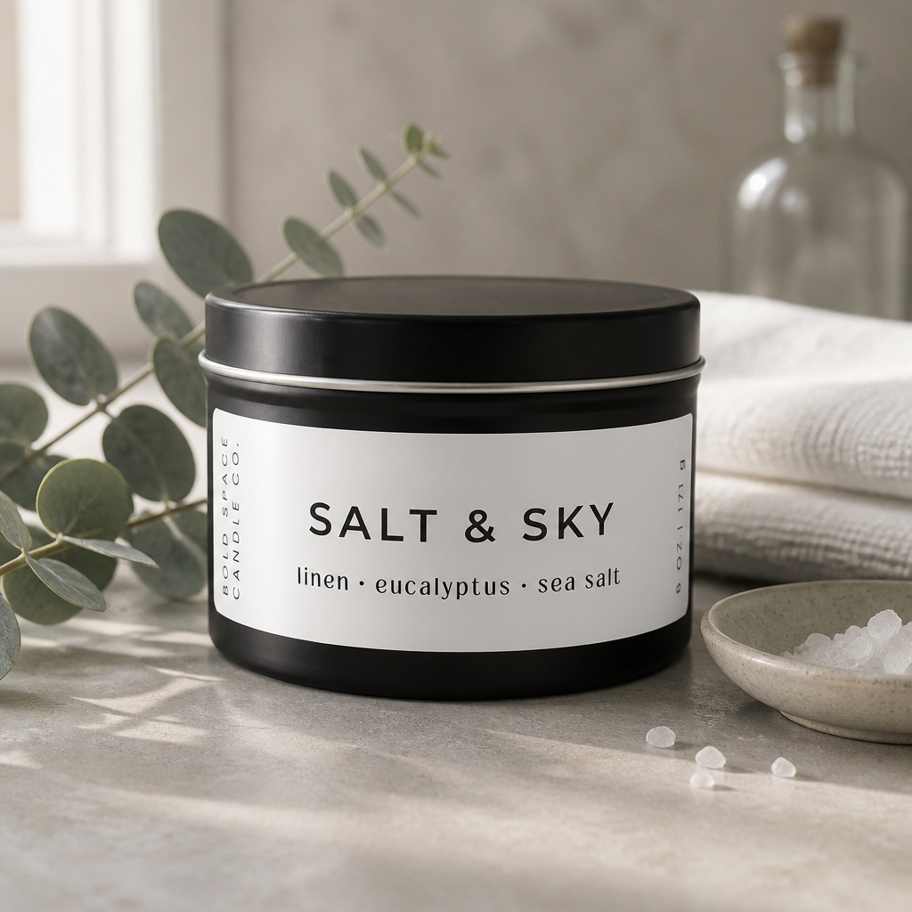 Candle jar labeled 'Salt & Sky' on a surface with decorative elements.