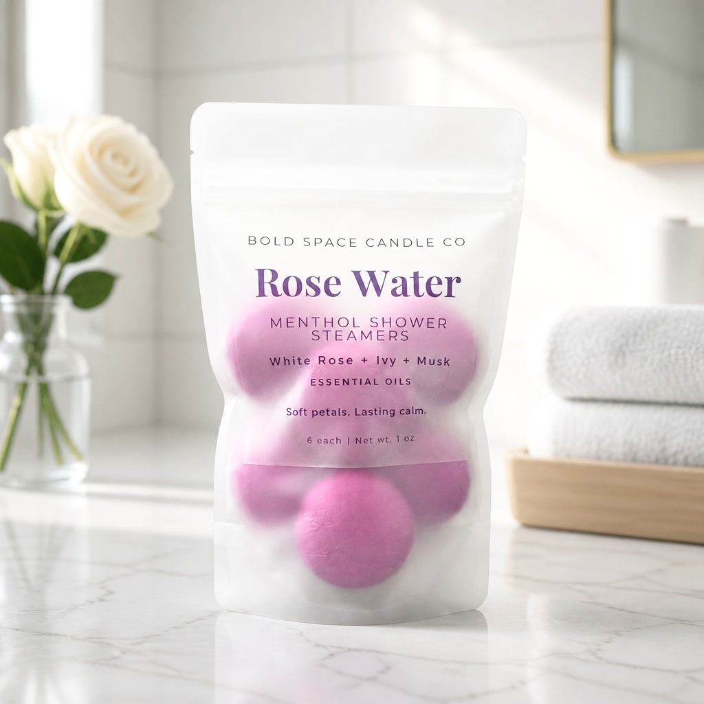 A stand-up pouch of Bold Space Candle Co. Rose Water Menthol Shower Steamers sits on a light marble surface with a blurred bathroom scene behind it, including a white rose in a glass vase and folded towels.