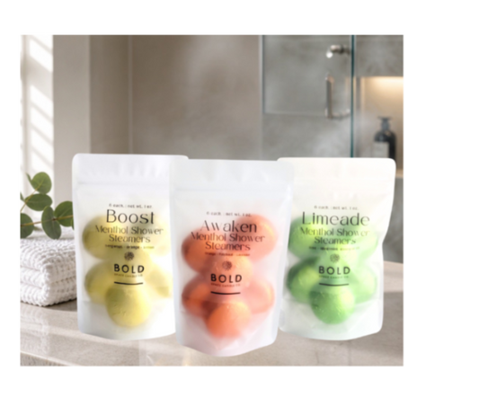 Three packages of Citrus Menthol Shower Steamers on a bathroom counter.