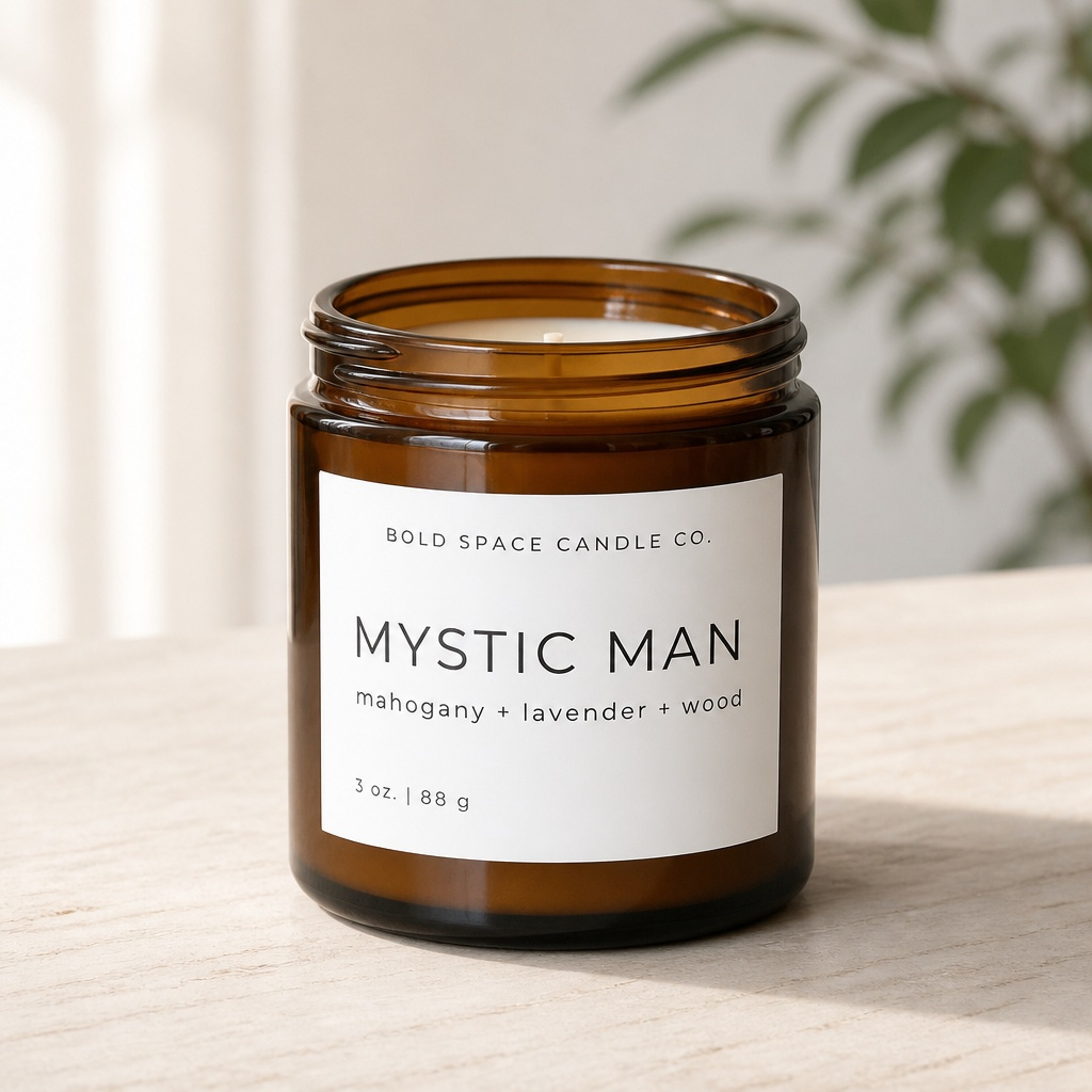 Candle jar labeled 'Mystic Man' from Bold Space Candle Co. on a neutral background.