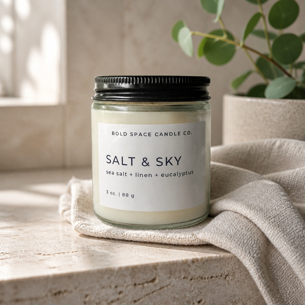 Candle labeled 'Salt & Sky' from Bold Space Candle Co. on a stone surface with a plant in the background.