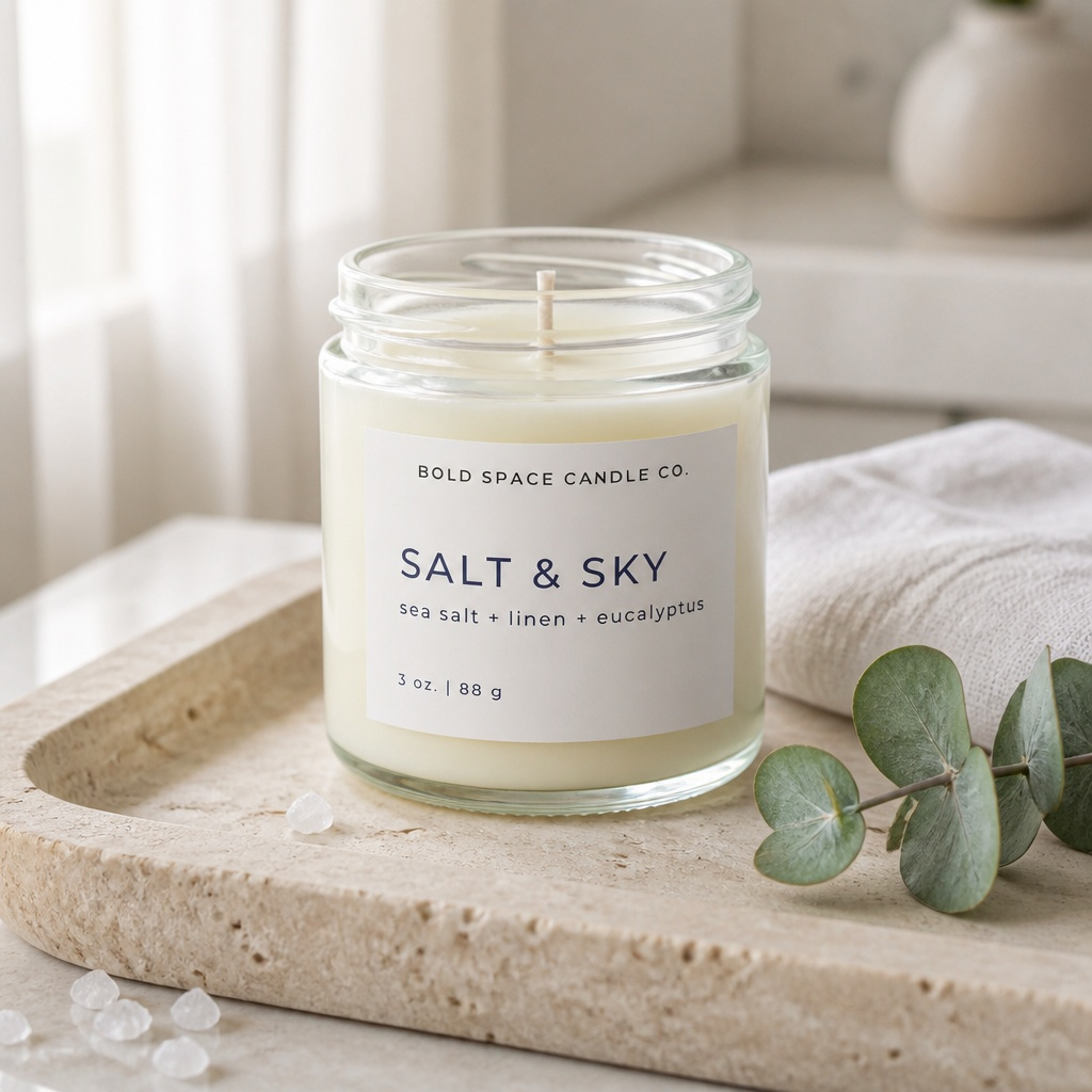 Salt & Sky soy candle in a glass jar featuring fresh sea salt, crisp linen, and eucalyptus for a clean, coastal-inspired home fragrance.