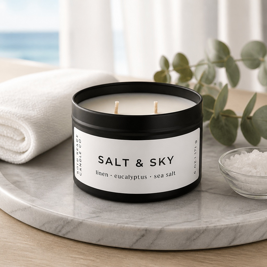 Candle labeled 'Salt & Sky' on a marble surface with a blurred background