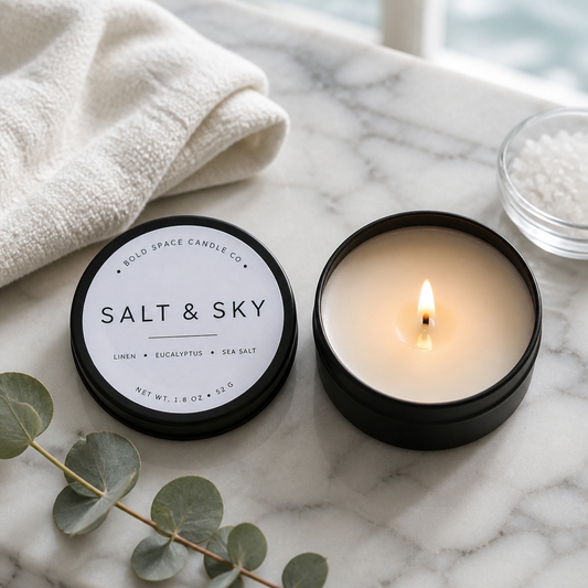 A lit black tin candle sits on a white marble surface next to its lid, which reads 'SALT & SKY' and 'BOLD SPACE CANDLE CO.' A folded white towel, eucalyptus leaves, and a small bowl of salt are arranged around it.
