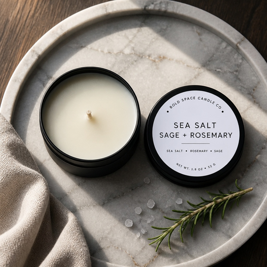 An open black candle tin with creamy off-white wax sits beside its matching lid on a round white marble tray. The lid reads 'BOLD SPACE CANDLE CO.
