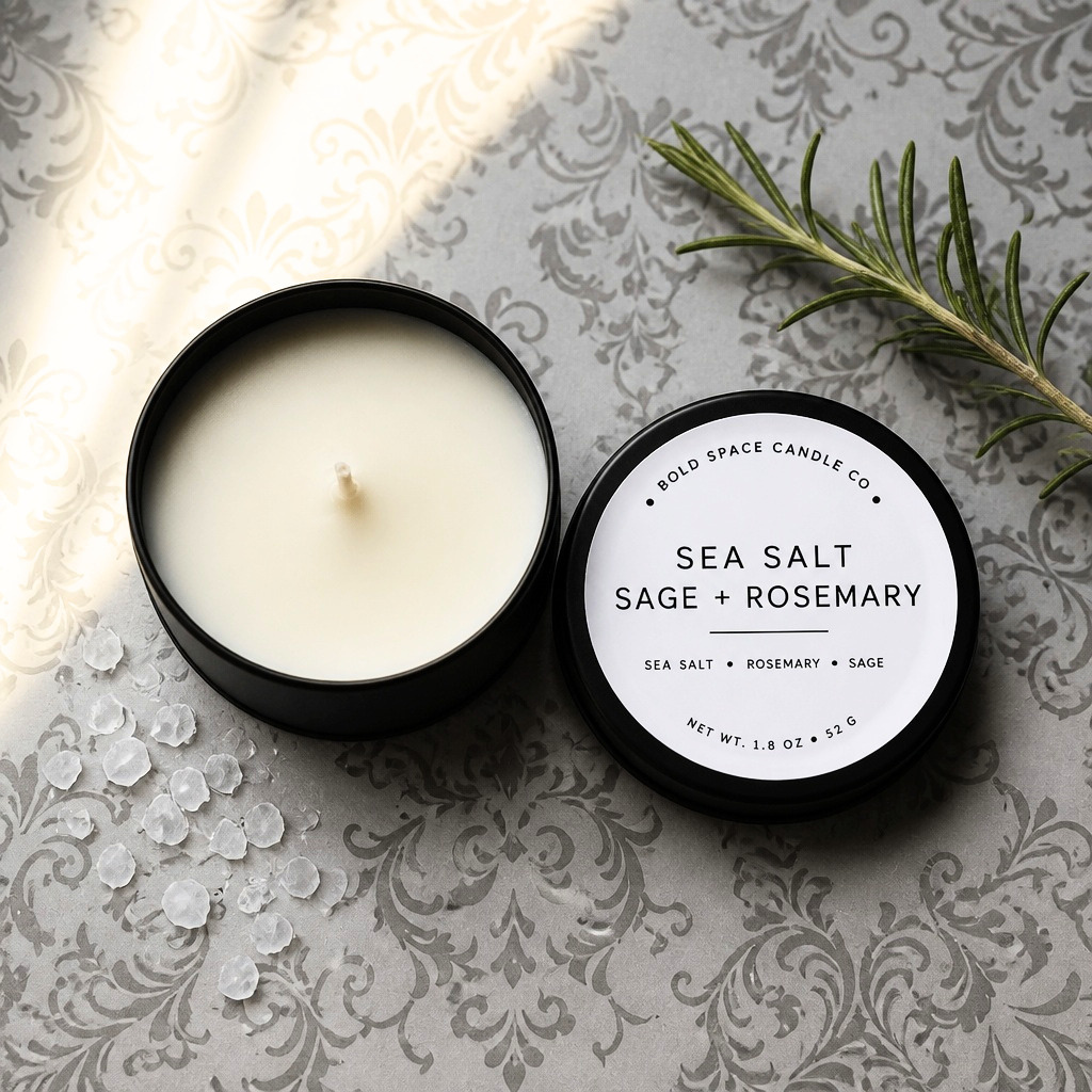 An open black candle tin with creamy off-white wax sits beside its matching lid on a gray damask-patterned surface. A green rosemary sprig rests near the lid, and the lid reads 'BOLD SPACE CANDLE CO.
