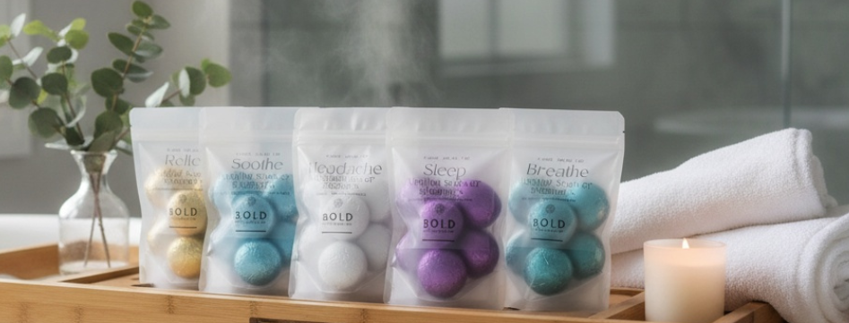 shower steamers in packaging on a tray over a bathtub with steam in the background