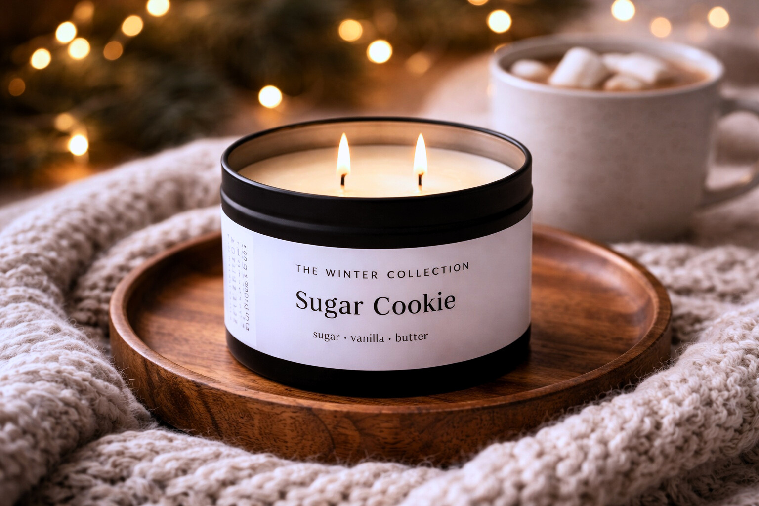 Sugar Cookie candle in The Winter Collection on a wooden tray with a blurred background of lights and a mug.