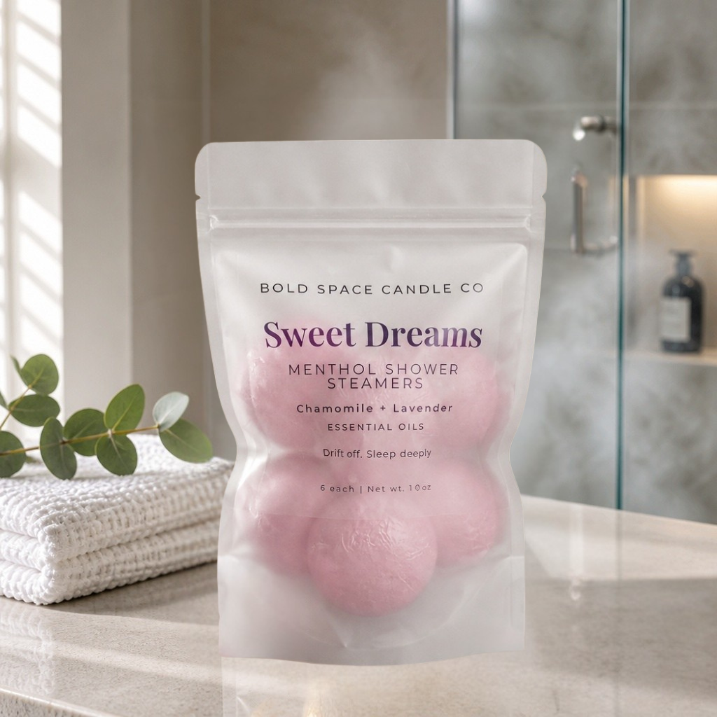 Package of 'Sweet Dreams' menthol shower steamers by Bold Space Candle Co on a bathroom counter.