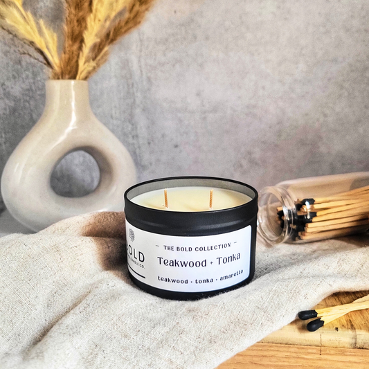 Teakwood & Tonka- Mahogany Teakwood + Amaretto + Tonka bean | 6 oz. Black Tin