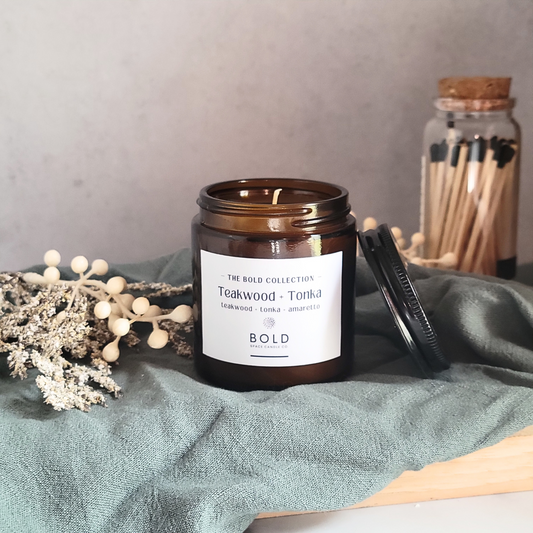 Teakwood & Tonka- Mahagony + Amaretto + Tonka Bean - 3 oz. amber jar