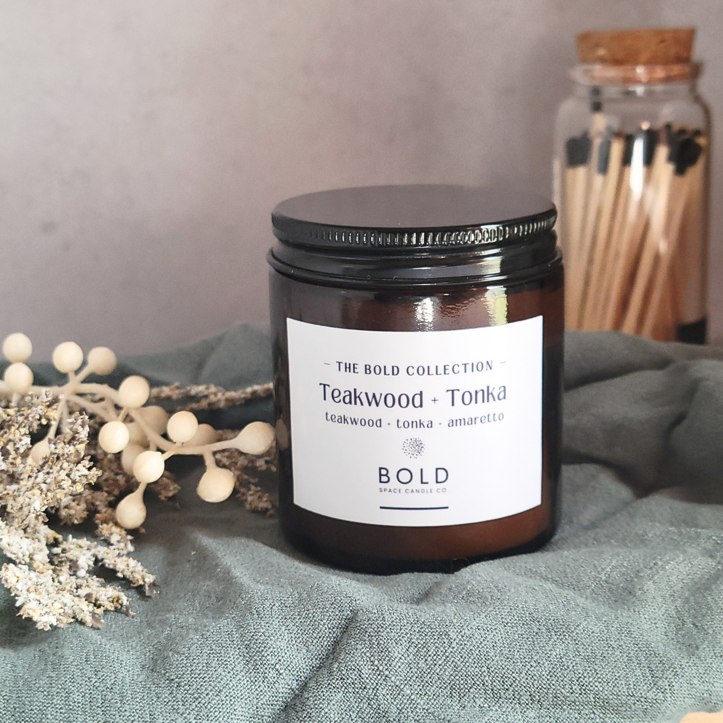 Teakwood & Tonka- Mahagony + Amaretto + Tonka Bean - 3 oz. amber jar