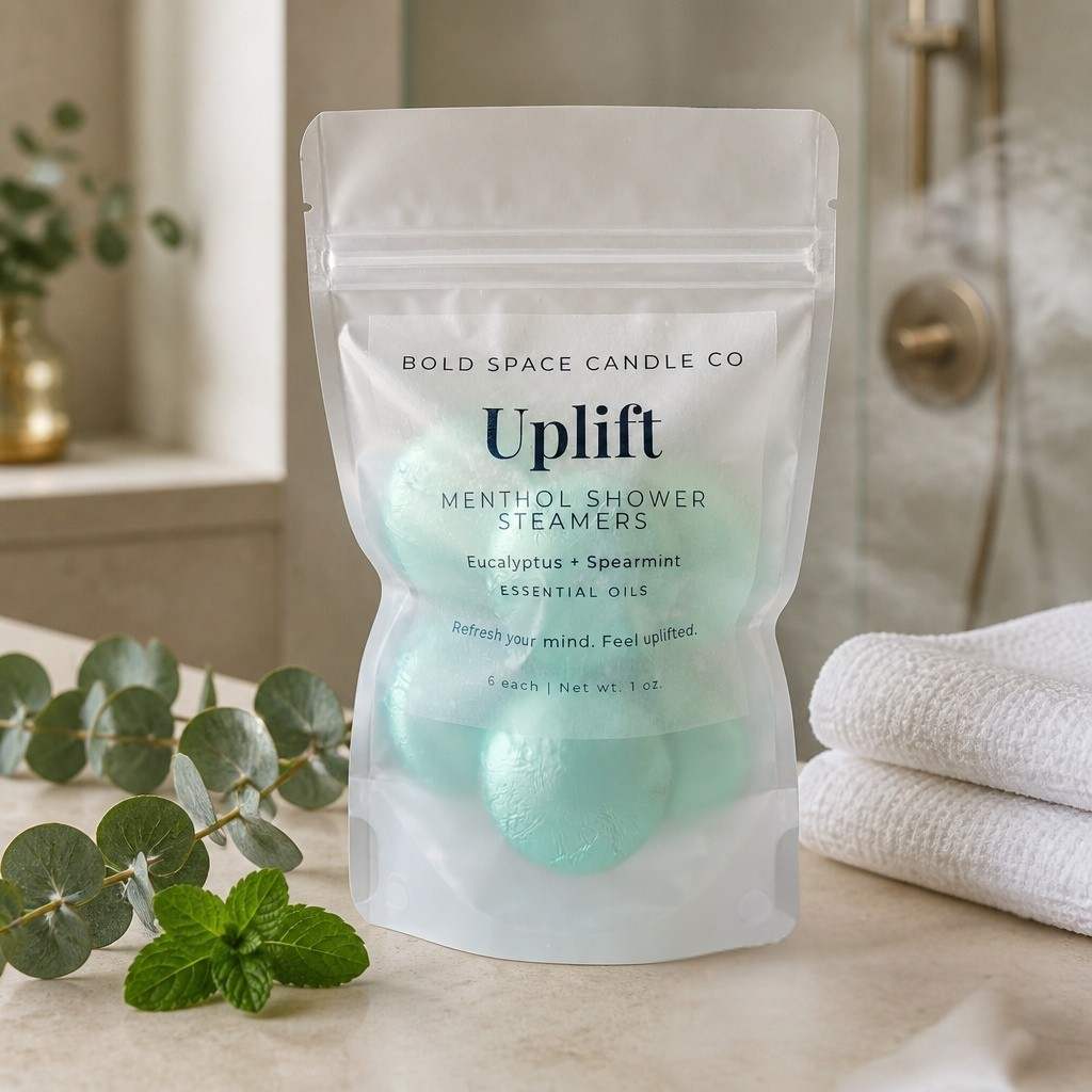 A stand-up pouch of Bold Space Candle Co. Uplift Menthol Shower Steamers sits on a bathroom counter with folded white towels, eucalyptus leaves, and mint leaves nearby.
