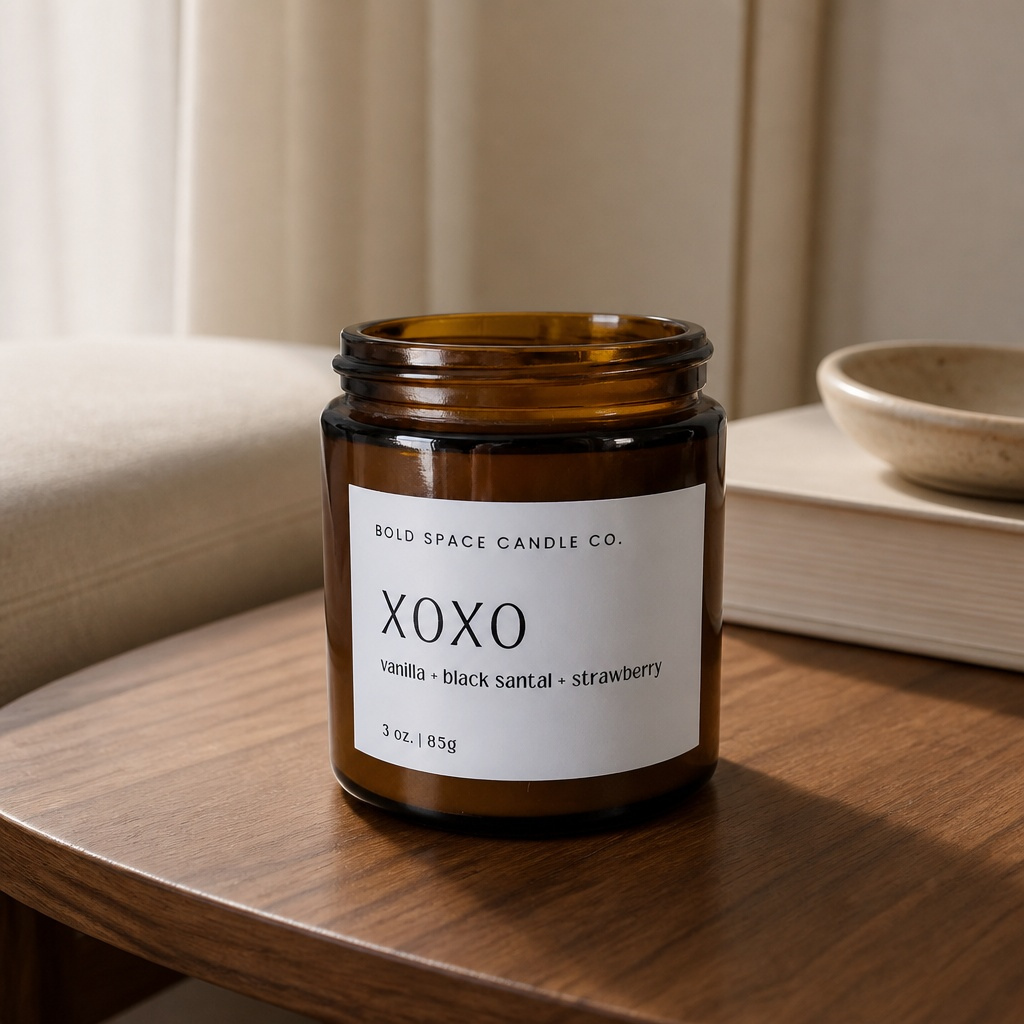 Brown candle jar with 'XOXO' label on a wooden surface