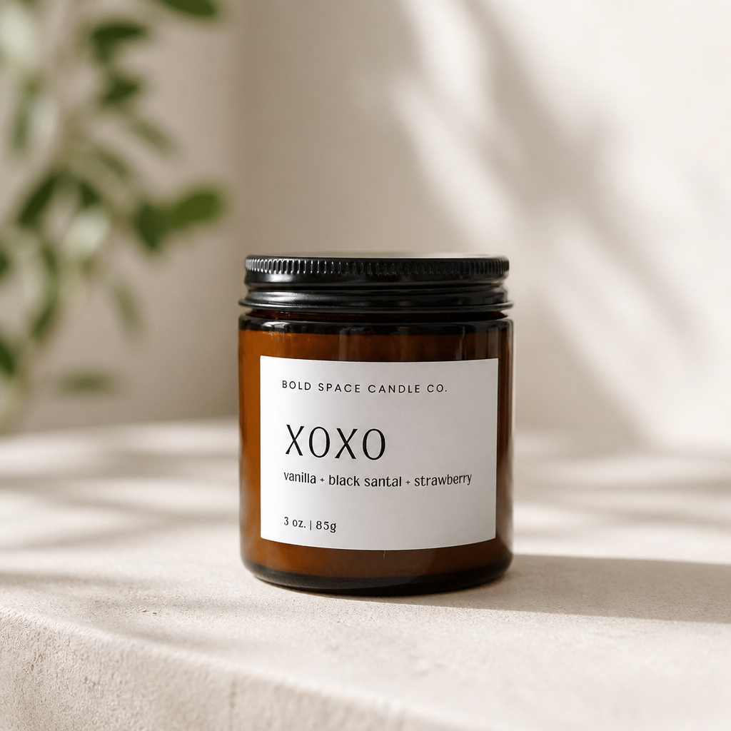 Candle jar with 'XOXO' label on a neutral background